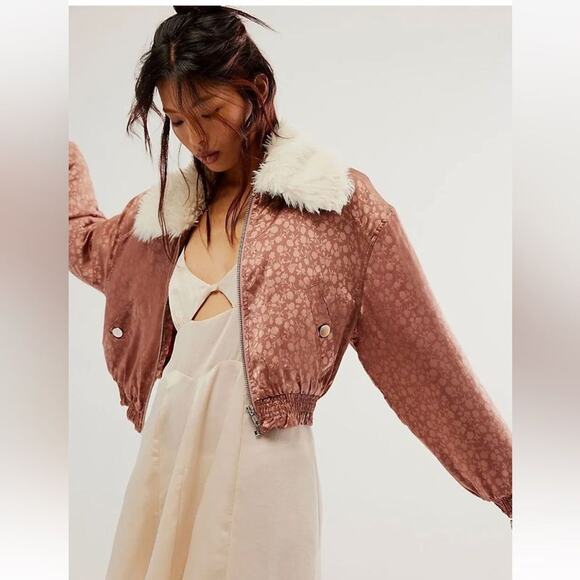 Free People Jackets & Blazers - NWOT-Free People Crafted Floral Bomber Jacket Peach zip up with fur collar Sz:SM